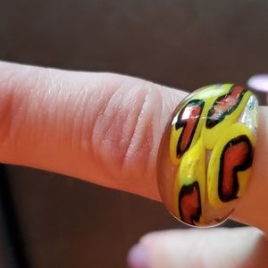 HandCRAFTED made glass ring.  Yellow, red hearts